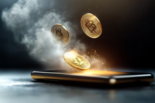 Moedas de Bitcon saindo de um celular 