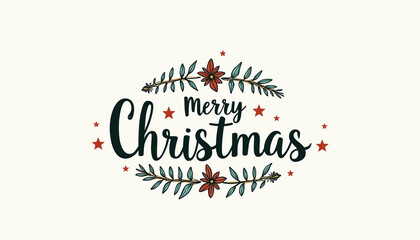 Vintage Merry Christmas Card Design with Green Festive Foliage, Calligraphy, Red Flowers, and Christmas Star Pattern