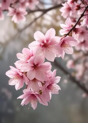 Soft pink sakura petals gently descend against a blurred background ,  nature background,  falling,  dreamy