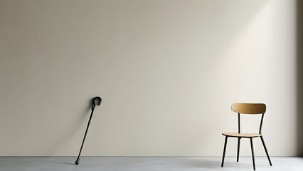 Empty chair and cane against a wall