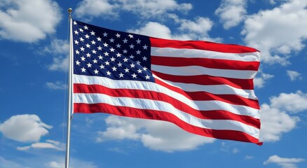 Fototapeta premium American flag waving against a clear blue sky with white fluffy clouds