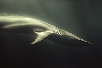 A majestic shark glides through dim, underwater realms, its sleek form accentuated by ethereal light filtering through the water.