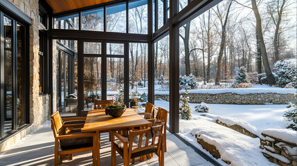 Traditional modern sunroom with large windows, wooden furniture on a snow-covered terrace, and a stone-walled garden in winter