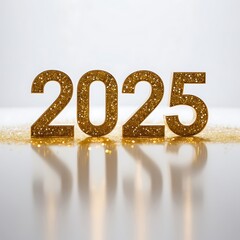 Modern professional photograph set against a pristine white background, featuring the year "2025" emblazoned in a bold, golden font with intricate and scattered golden glitterings.