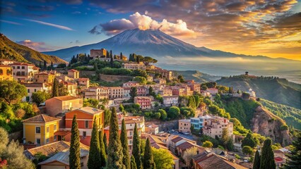 Fototapeta premium Taormina Sicily Italy, Mount Etna Volcano View, Picturesque Coastal Town, Mediterranean Sea Landscape, Historic Architecture, Travel Photography