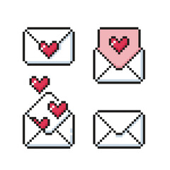 Love letter pixel art set. Envelopes with red hearts and simple closed envelope.