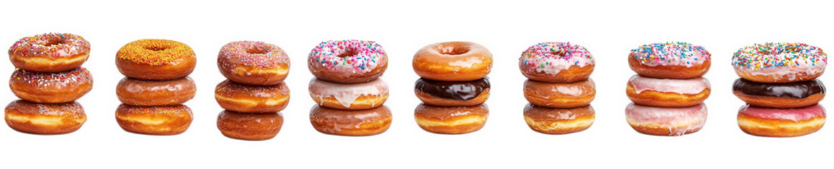 a row of seven stacks of various donuts. each stack is 3 donuts high the donuts are frosted with different colors and toppings. some are plain
