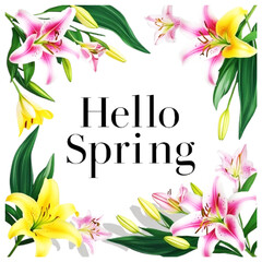 Vibrant spring floral frame Hello Spring typography