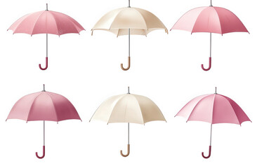 six umbrellas. three pink and three beige. in a row. isolated on a transparent background two different perspectives of each umbrella. one closed and one open