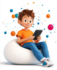 Fototapeta premium 3d excited kid using phone over colorful background