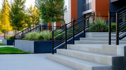 Urban residential curbside with sleek metal railing and concrete sidewalk 