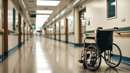 Empty wheelchair in hospital corridor