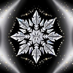 A highly magnified crystal snowflake, its delicate and lace-like patterns glistening with frosty iridescence, set against a velvety black background, surrounded by a sprinkling.