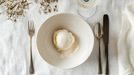 Vanilla ice cream in a simple bowl on a bright neutral table setting 