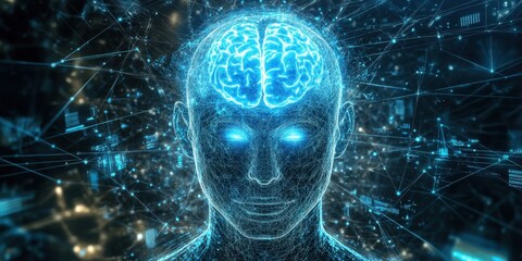 A digital human figure showcases a glowing brain, surrounded by intricate neural connections, symbolizing advanced cognitive technology and intelligence. Generative AI