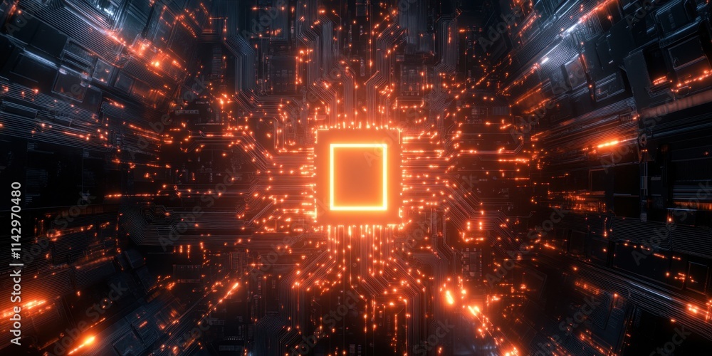 Poster a glowing square illuminates a dark, digital space filled with vibrant particles, creating a captiva