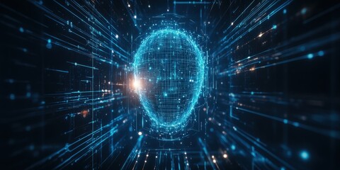 A digital representation of a face formed by glowing lines and patterns in a futuristic setting, emphasizing the advancements in artificial intelligence technologies. Generative AI