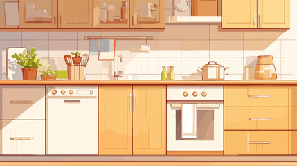 Empty Cartoon Kitchen Room Vector Interior Illustration