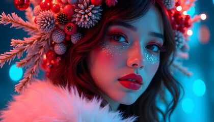  Beautiful girl in a kokoshnik made of mountain ash, spruce, cones, red lipstick, bright eye shadow and eyeliner