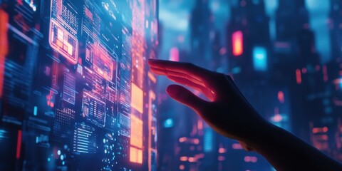 A hand extends towards a vibrant digital display filled with neon lights and data graphics against a futuristic city skyline during twilight. Generative AI