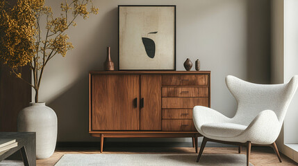 Vintage cabinet and chair with modern decor, d with art-inspired details 