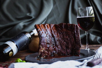 BBQ rib accompanied by wine