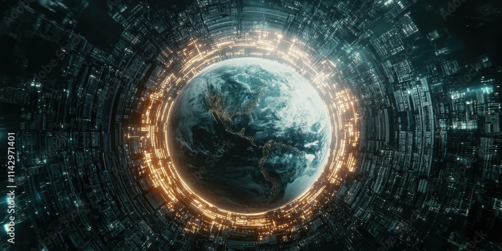 Poster an intricate visual of earth at the center, surrounded by cybernetic city layouts and bright data st