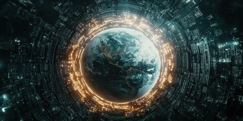 An intricate visual of Earth at the center, surrounded by cybernetic city layouts and bright data streams, evoking a sense of advanced technology and connectivity. Generative AI