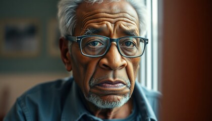 Close-up elderly Black man looks sadly out nursing home window. Pensive expression shows loneliness. Aged man wearing glasses. Appears thoughtful, vulnerable. Moments of stillness, quiet