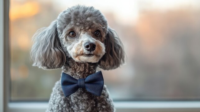 Highquality DSLR photo of silvergray poodle with bow tie