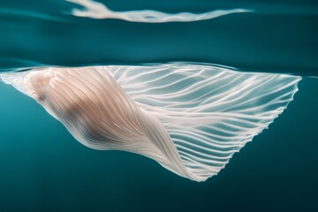 Fototapeta premium A delicate, ethereal fabric floats gracefully underwater, its translucent folds creating a mesmerizing dance of light and shadow.