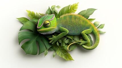 A 2D cartoon chameleon blending in with a colorful jungle background, white background. Ultra-Realistic, Photo Realistic, highly detailed 
