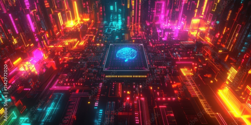 Poster a vibrant digital space with glowing circuits and lights features a central brain motif, symbolizing