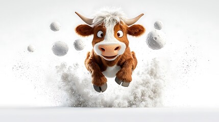 A 2D cartoon cow jumping over the moon, playful and colorful, white background. Ultra-Realistic,...