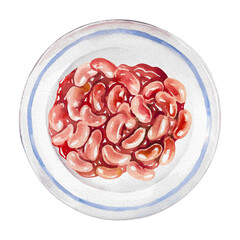 Beans in red sauce in a plate top view. Hand drawn watercolor illustration of legume dish 