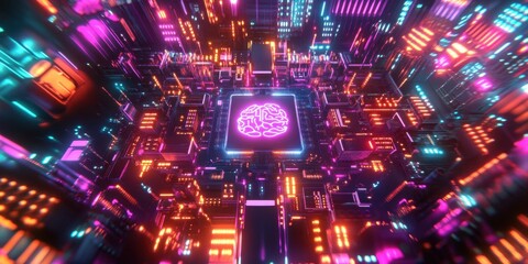 Obraz premium A dynamic digital environment showcases a network of colorful circuits emanating glowing lights, highlighting advanced technology and innovation. Generative AI