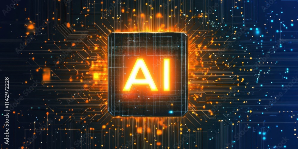 Poster a glowing ai chip stands out against a backdrop of bright, intricate circuitry, symbolizing advancem