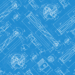 Mechanical engineering drawings on blue background. Drill tools, borer. Technical Design. Cover. Blueprint. Vector illustration. Seamless pattern.