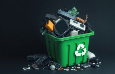 Full green recycling bin overflowing with electronic waste. Old tech devices like phones computers, appliances fill container. Eco friendly waste disposal concept. Recycling old tech items. Waste