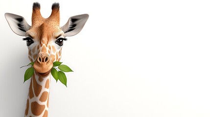 A 2D cartoon giraffe eating leaves from a tall tree, cheerful and colorful, white background. Ultra-Realistic, Photo Realistic, highly detailed 