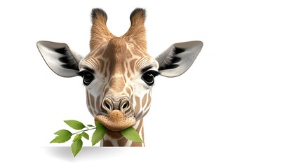 A 2D cartoon giraffe eating leaves from a tall tree, cheerful and colorful, white background. Ultra-Realistic, Photo Realistic, highly detailed 