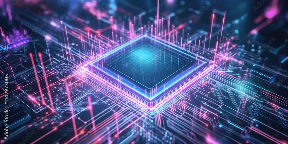 Poster a central processor is depicted on a circuit board, surrounded by vibrant, glowing lines and digital