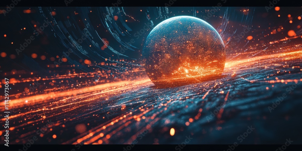 Poster a vibrant planet glows brightly at the center, surrounded by energetic streams of light, set against
