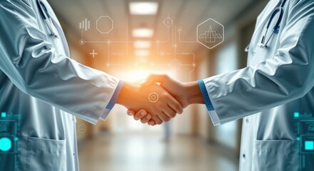 Medical professionals shake hands digitally. Collaboration, innovation in healthcare. Future tech in hospital. Partnership between doctors, tech. Modern medicine. Tech support. Doctors cooperate.