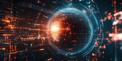 Fototapeta premium A digital sphere emits warm light, surrounded by swirling particles and data streams, creating a vibrant atmosphere filled with technological energy. Generative AI