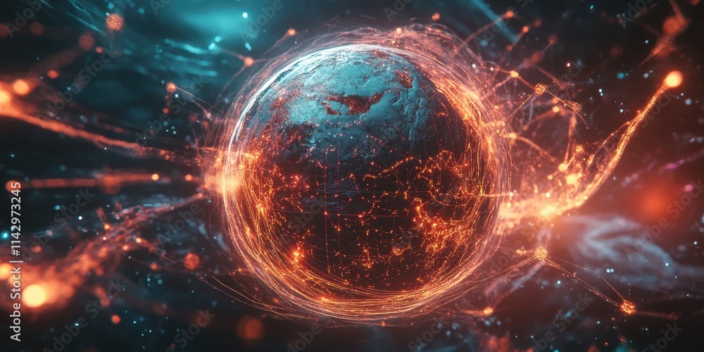 Poster this captivating visual showcases earth surrounded by glowing particles and vibrant connections, cre