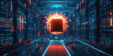 A vibrant digital space filled with glowing lines and circuits highlights a central floating cube. This high-tech environment showcases advanced data processing. Generative AI