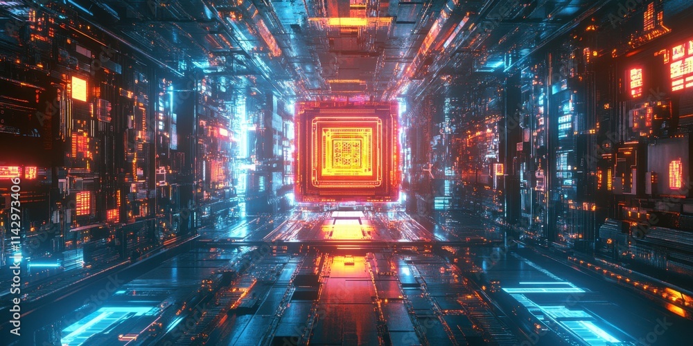 Poster a captivating futuristic landscape features bright neon lights and complex circuits glowing in an ad
