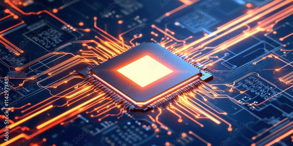 Poster a close-up view showcases a glowing microprocessor at the center of a complex dark blue circuit boar