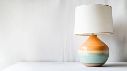 Retro-inspired table lamp with a colorful ceramic base and white shade, displayed on a clean white backdrop.